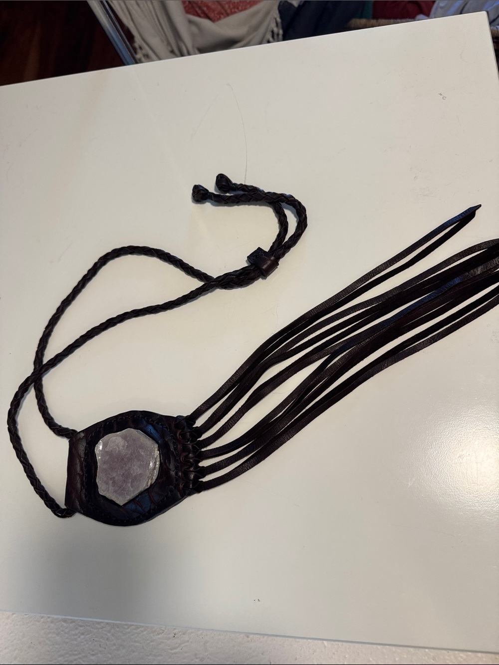 Handmade Luxury Boho Brown Leather Fringe Necklace with Lapidolite Stone Accent